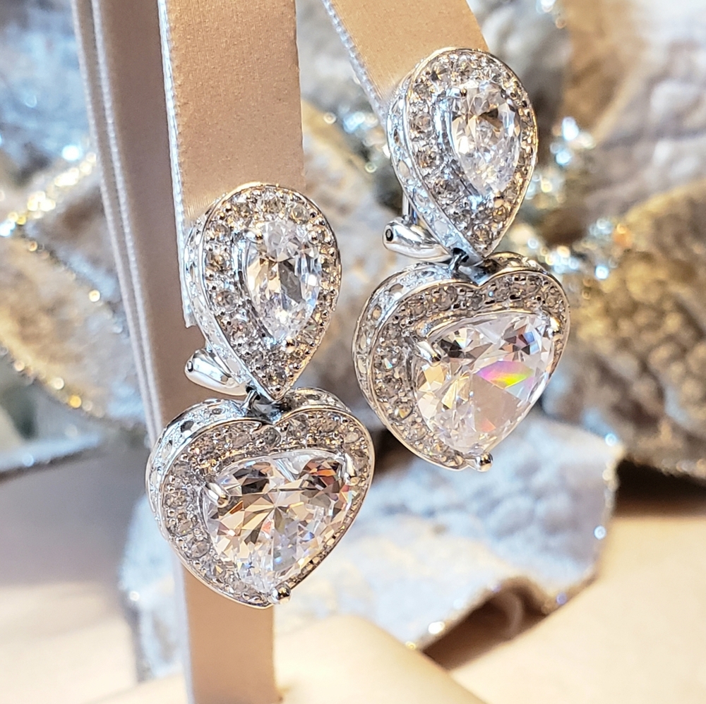 Sterling Silver Signed "R" Crystal Heart Earrings - Picture 2 of 6